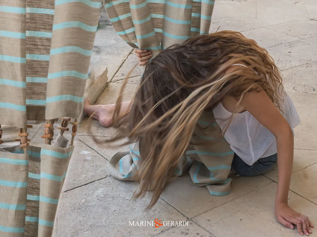 Torre Sabea Tenda Lino Asole Torretta Righe Colore Turchese Torre Sabea Tenda Lino Asole Torretta Righe Colore Turchese