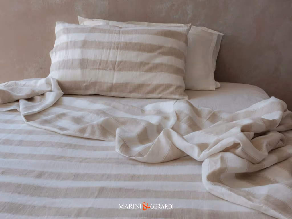 Biancheria letto lenzuola federe tessuto lino a righe cappuccino Biancheria letto lenzuola federe tessuto lino a righe cappuccino