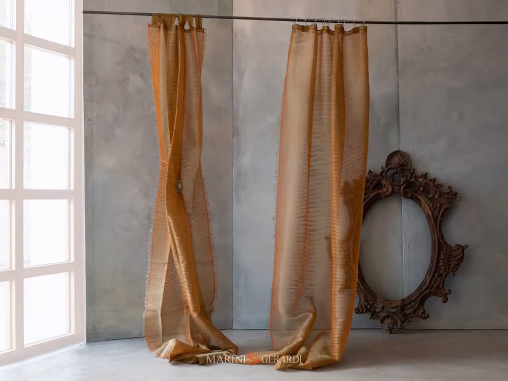 Tende In Organza Di Seta Per Interni Arancio Selene Con Inserti In Juta SELENE - Tenda Seta in Organza e inserti in Juta