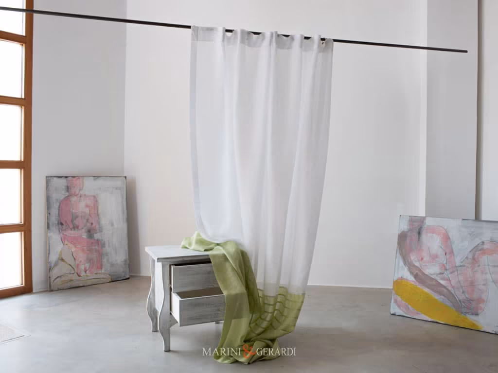 Tende Moderne Interni In Lino Bianco Naturale Balsa Inferiore Verde Lime MONET - Tende Moderne per Soggiorno