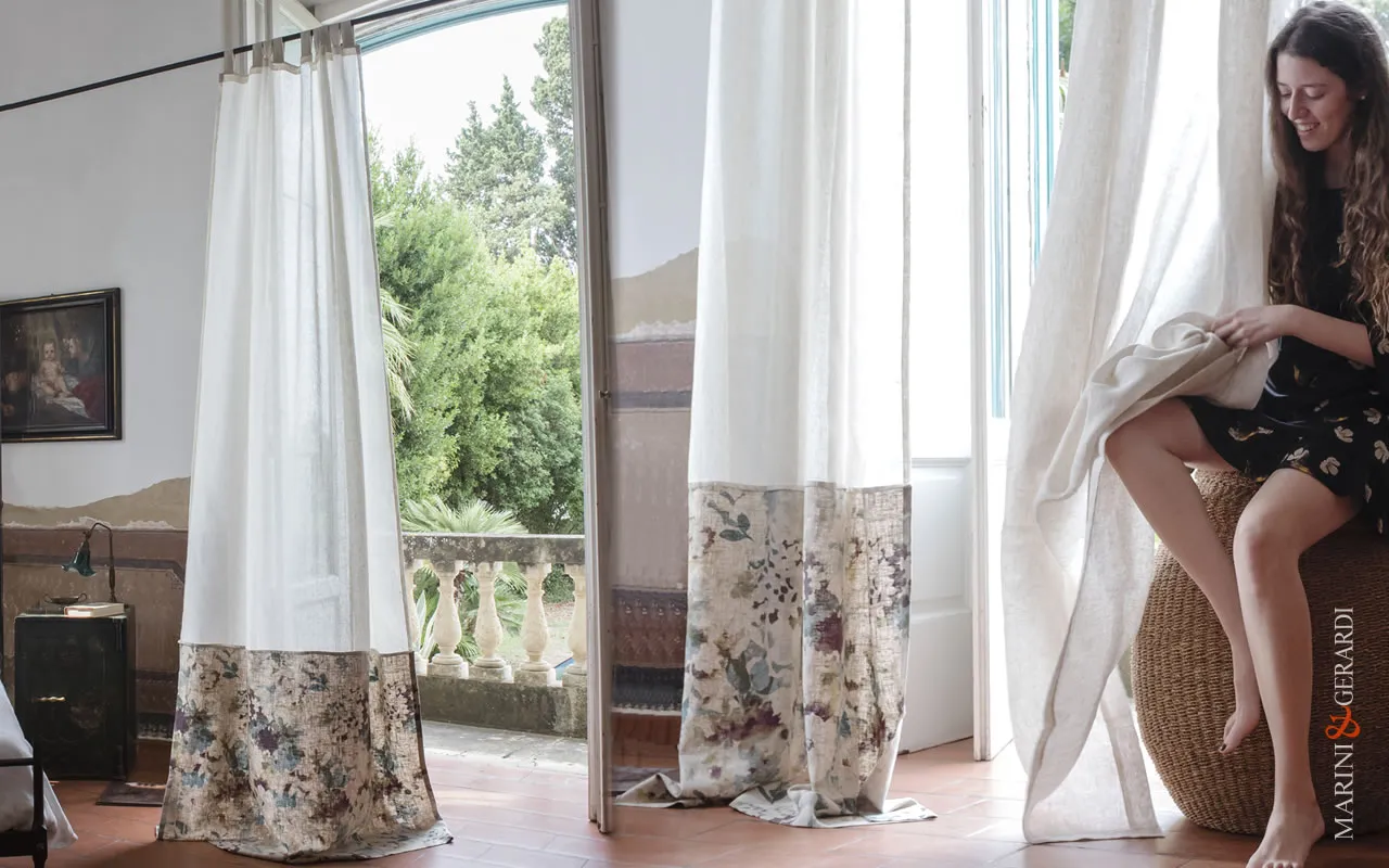 Tende Di Lino a Fiori Isla Margarita con balza inferiore Tende Di Lino a Fiori Isla Margarita con balza inferiore