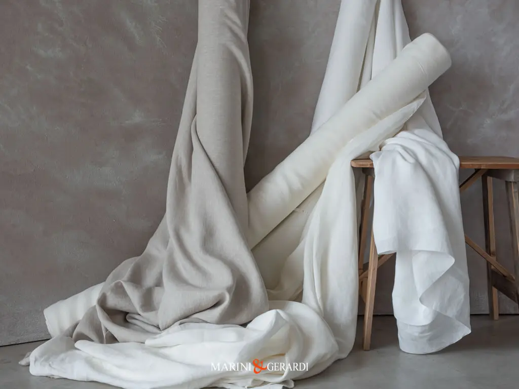 Tessuto Per Tende In Lino Giunco Bianco Ottico Panna Basic Acaya - Marini e Gerardi ACAJA Giunco - Tessuto in Lino per Arredo Casa - Tende e Biancheria Letto