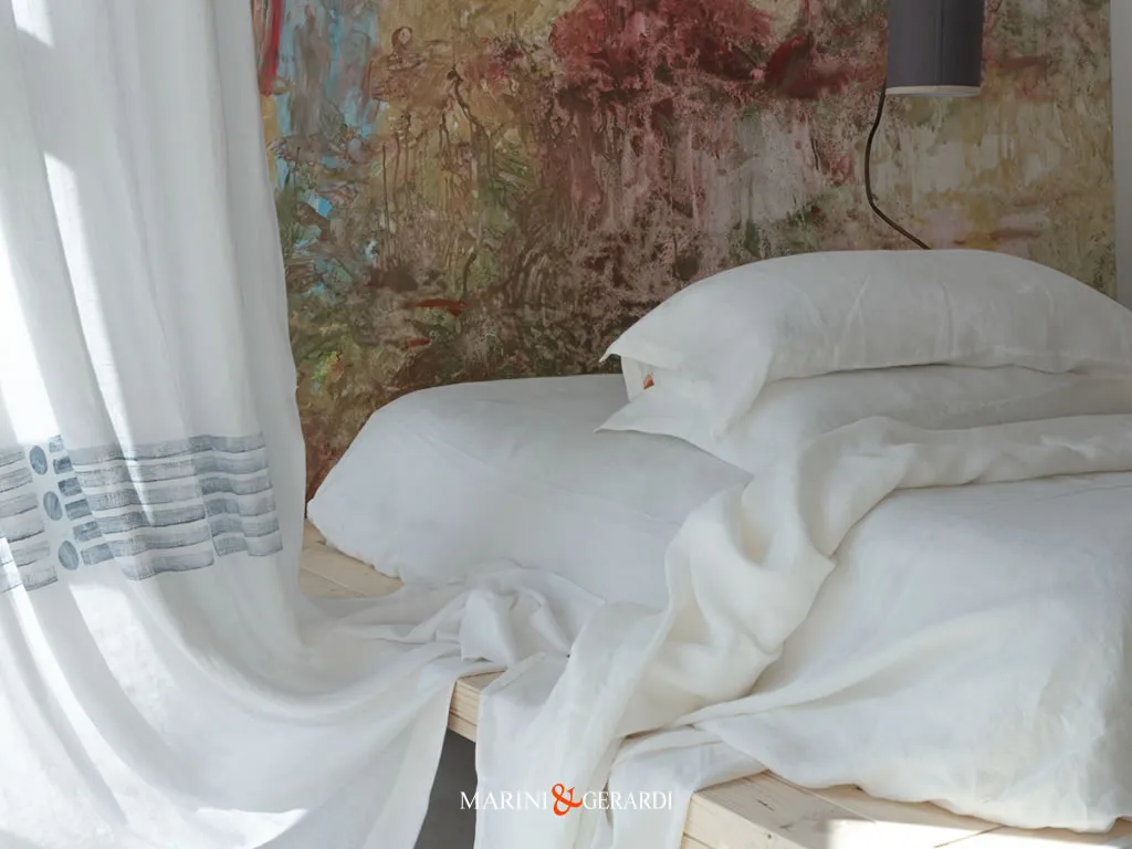 Tenda Interni Design Moderno Con Anelli Asole Lino Bianco Blu Tenda Interni Design Moderno Con Anelli Asole Lino Bianco Blu