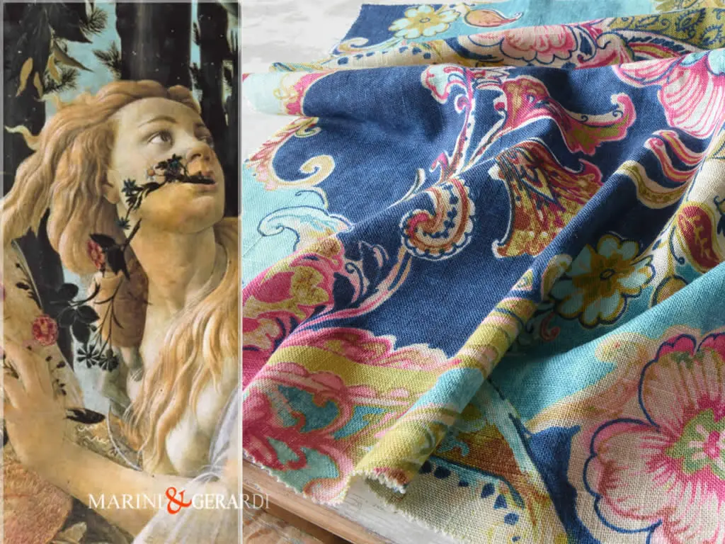 Tessuto Lino Con Fiori Blu Celeste Primavera Del Botticelli Tessuto Lino Con Fiori Blu Celeste Primavera Del Botticelli