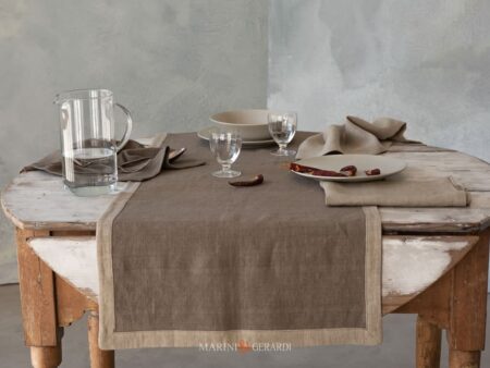 Runner Tavola Tovagliette Americane In Lino Tabacco Caffe Latte Con Bordo