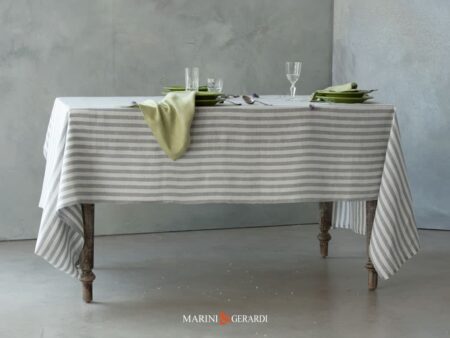 Tovaglie A Righe Con Tovaglioli In Lino Bianca Grigia Cycas