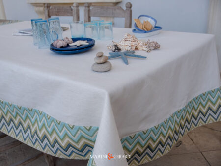 Tovaglie Da Tavola Eleganti In Lino Bianco Naturale Bordo Blu Zig Zag
