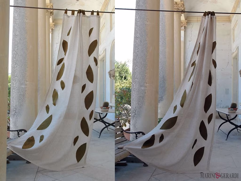 Tende Made In Italy Puro Lino Atena Foglie Applicate - Marini & Gerardi ATENA - Tenda di puro lino Romantica