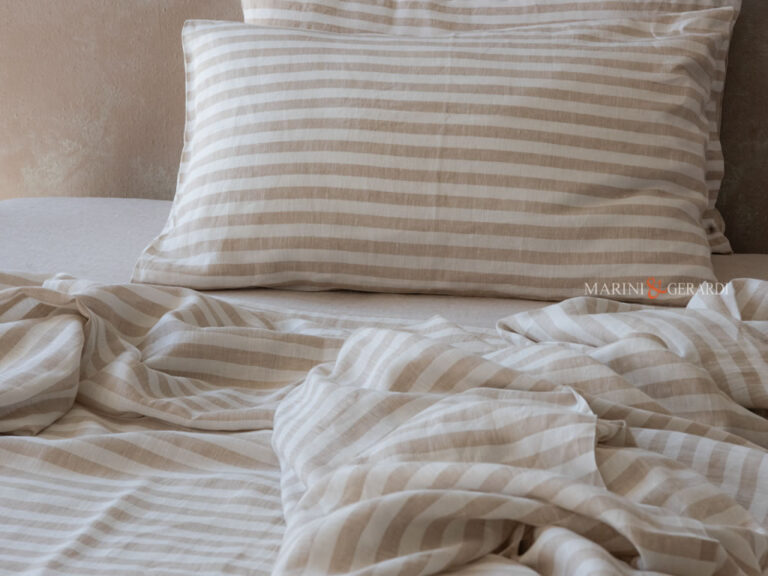 Biancheria letto lenzuola federe in lino a righe cappuccino
