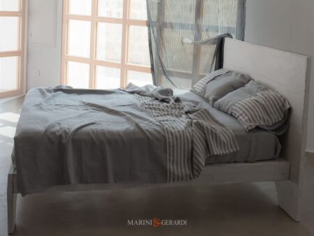 Completo Letto In Lino Con Applicazioni A Righe Lenzuola Copripiumino Cenere