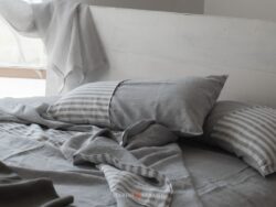 Federe Cuscini Letto In Lino Con Applicazioni A Righe Grigio Cenere