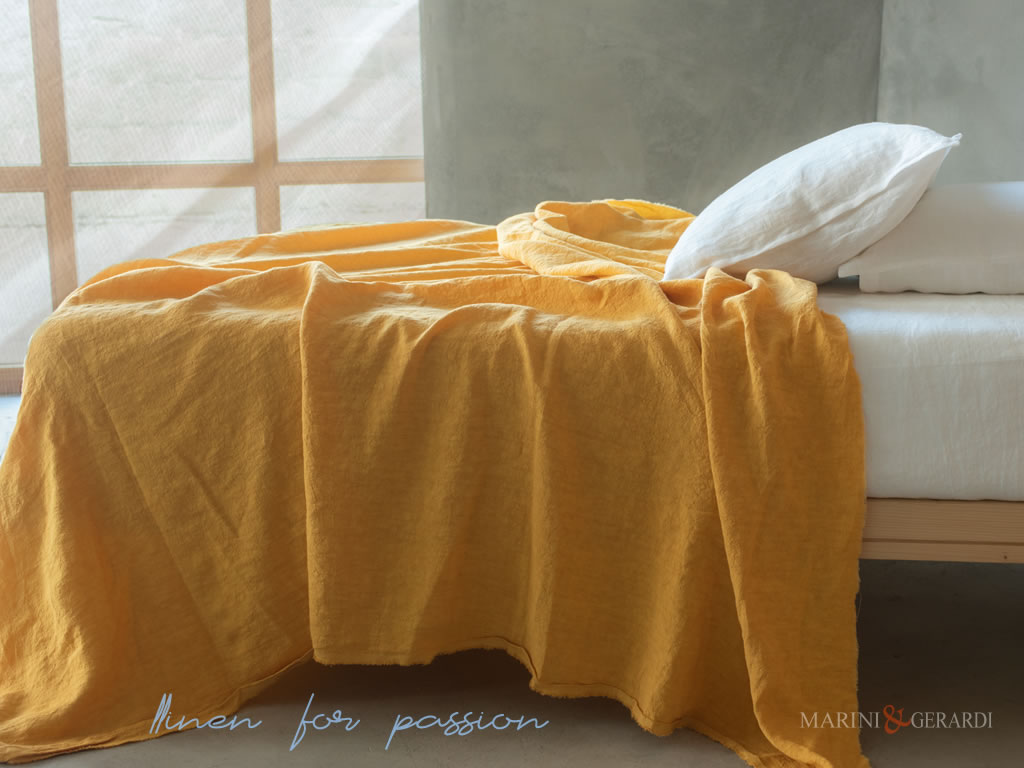 completo lenzuola letto in lino stropicciato bianco giallo ocra