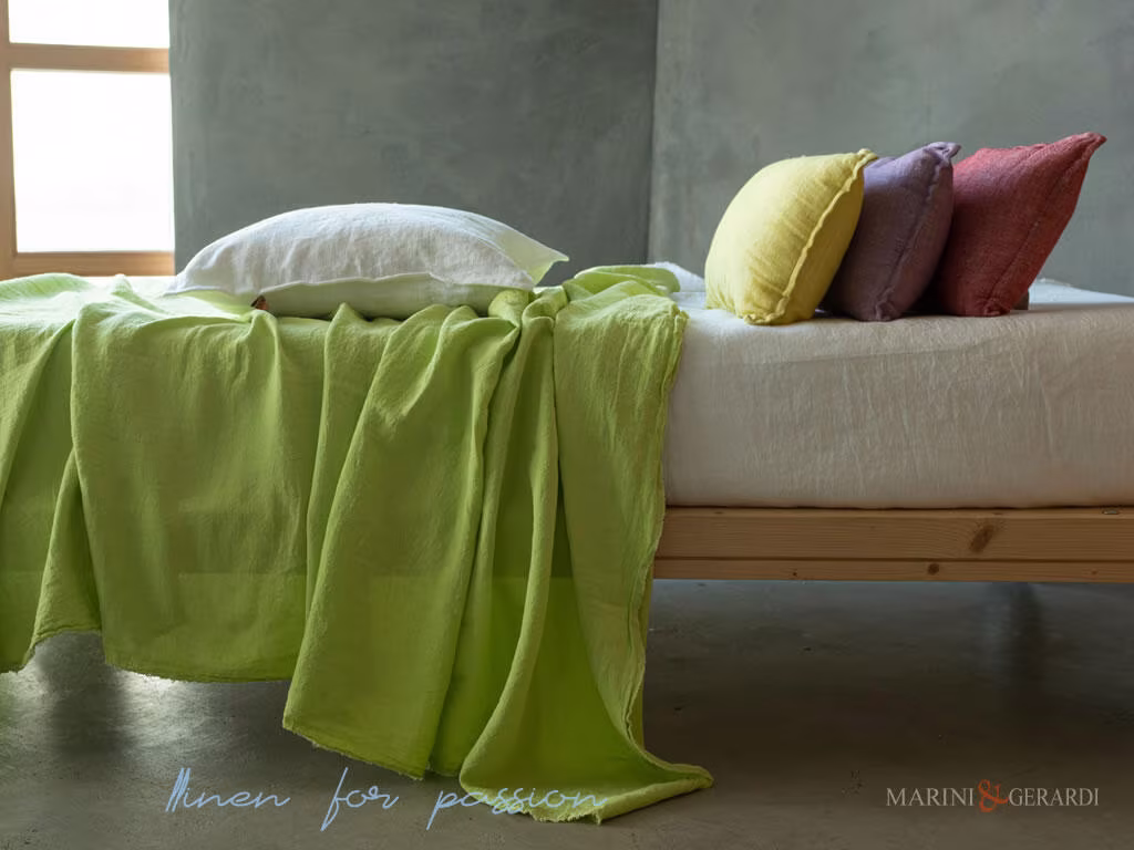 RISVEGLI completo lenzuola letto in lino stropicciato bianco verde pistacchio completo lenzuola letto in lino stropicciato bianco verde pistacchio