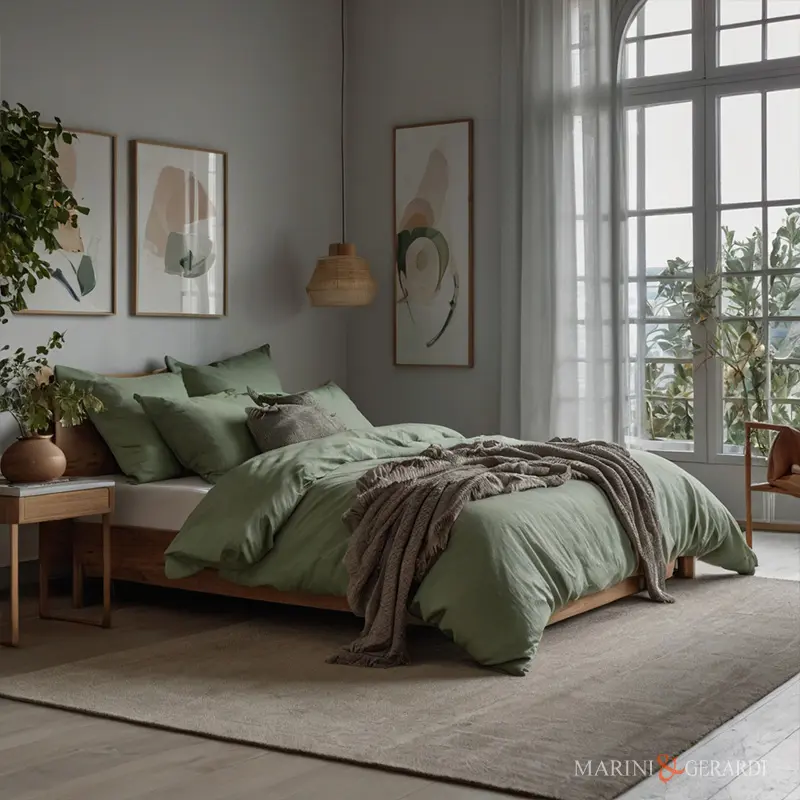 Lenzuolo matrimoniale verde in lino o cotone stropicciato Lenzuolo matrimoniale verde in lino o cotone stropicciato