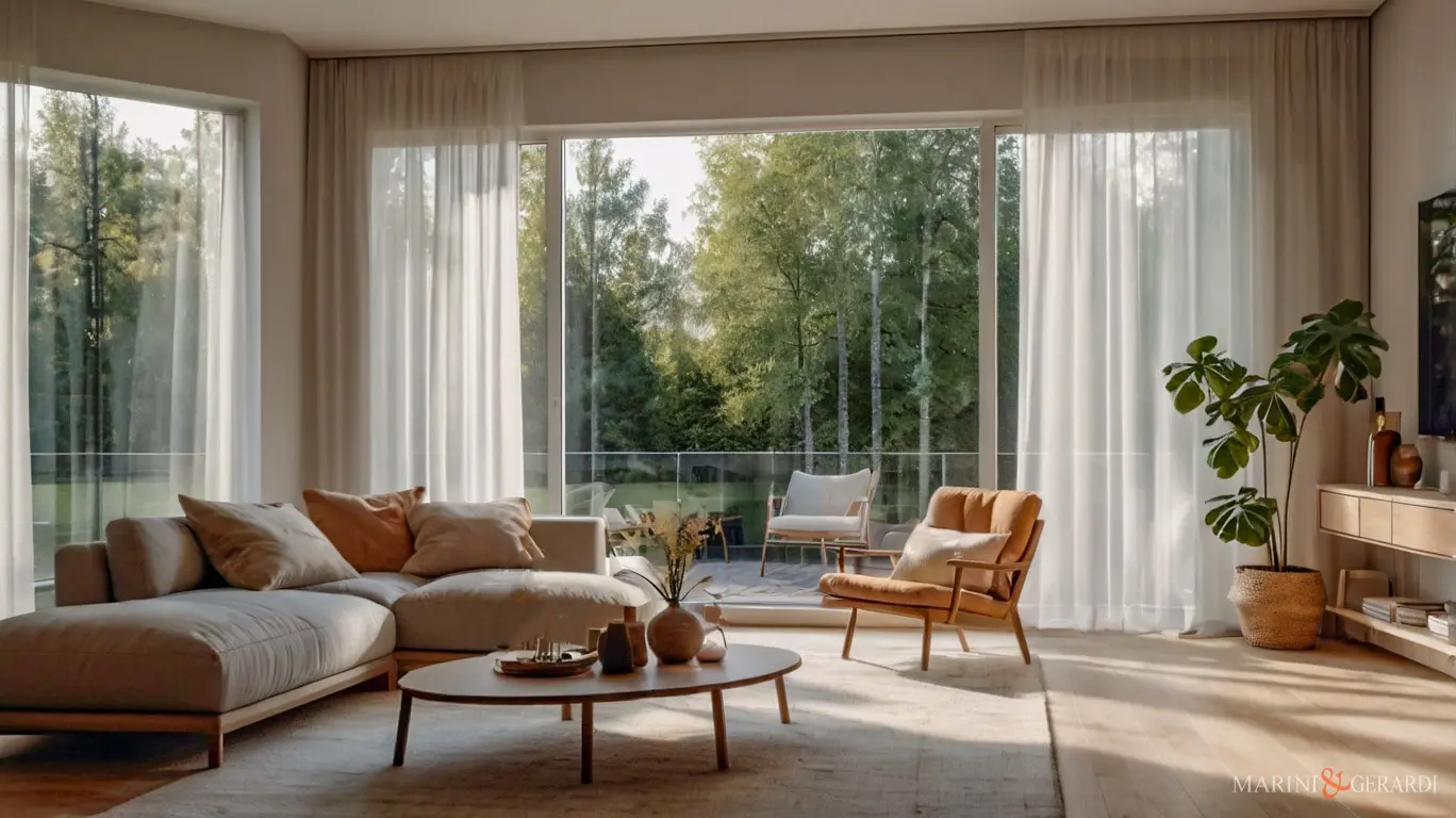 Tende sala da pranzo in lino ampie vetrate Tende sala da pranzo in lino ampie vetrate