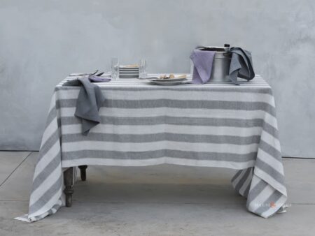 Tovaglie da tavola moderne eleganti puro lino bianco grigio rigato largo