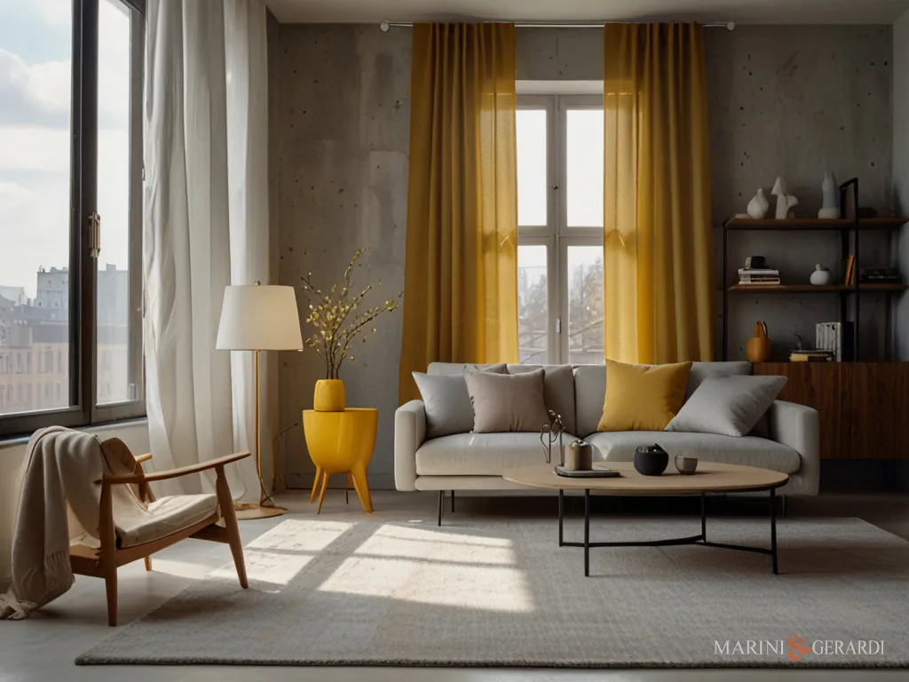 Eleganti tende arredo moderne salotto in lino giallo Eleganti tende arredo moderne salotto in lino giallo