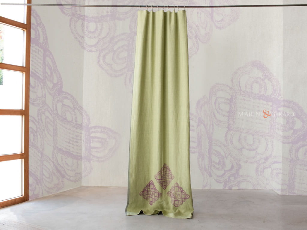 Tende shabby chic in lino pistacchio design viola Tende shabby chic in lino pistacchio design viola