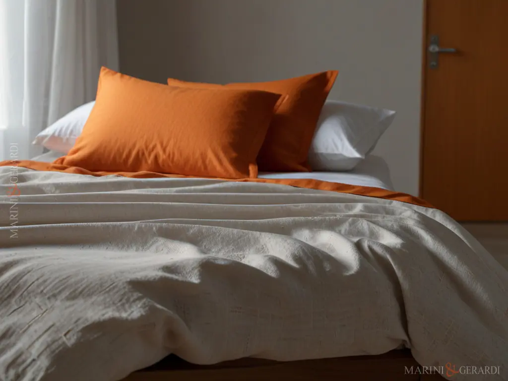 Copripiumino matrimoniale in lino lavato letto bianco arancio Copripiumino matrimoniale in lino lavato letto bianco arancio