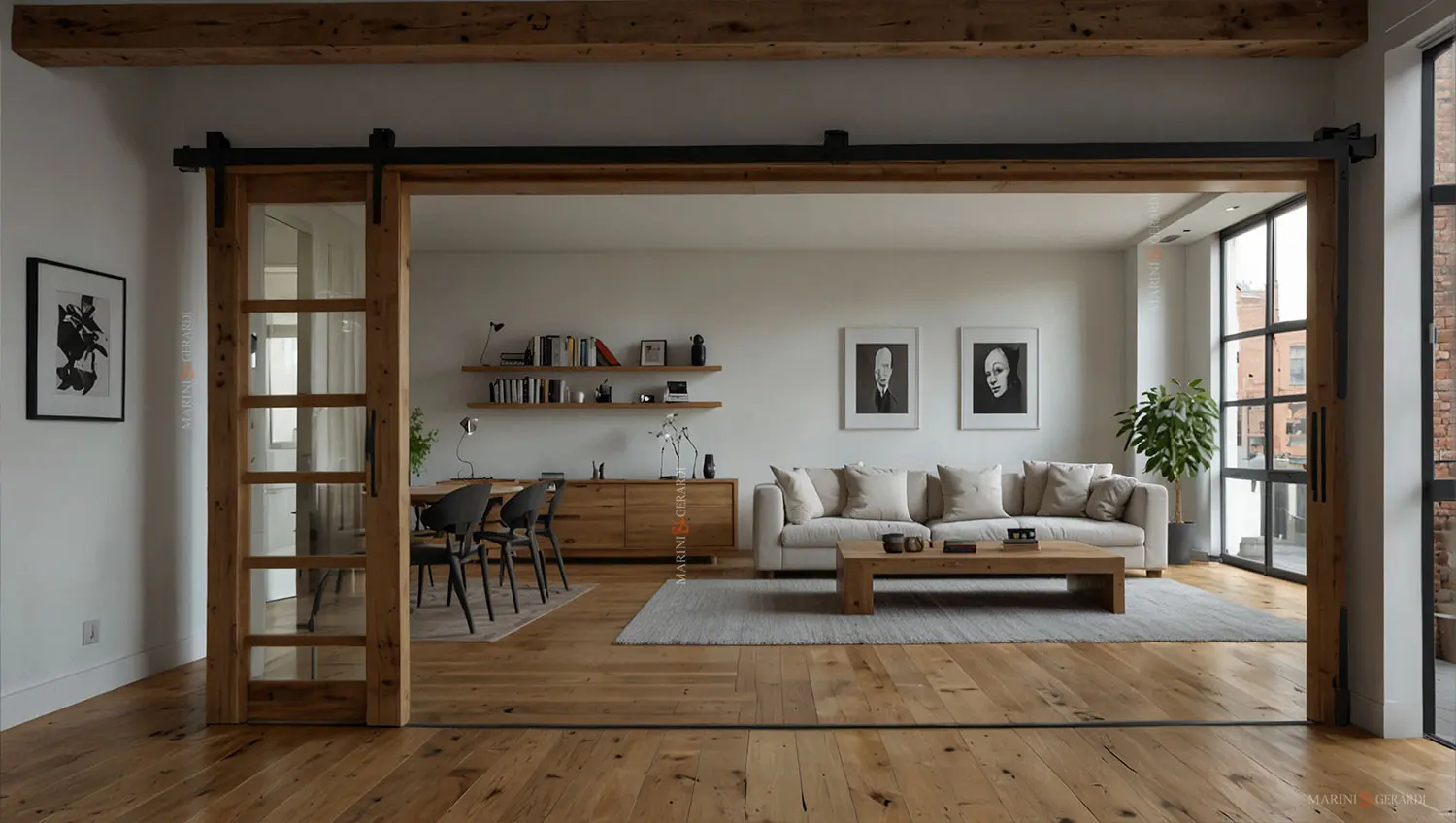 Porte scorrevoli interne in legno salone con elementi arredo Porte scorrevoli interne in legno salone con elementi arredo