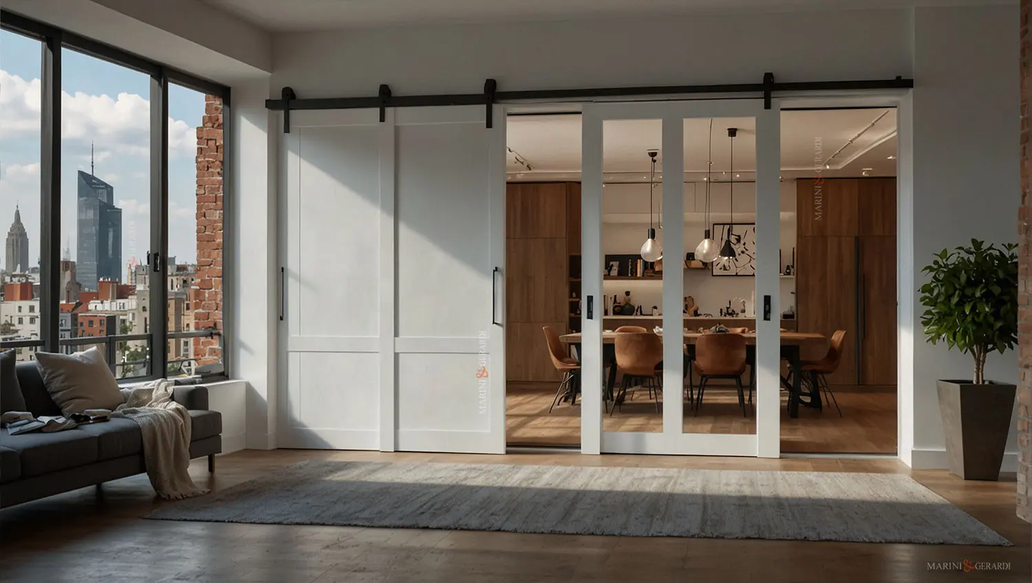 Porte scorrevoli interne in legno bianco loft soggiorno Porte scorrevoli interne in legno bianco loft soggiorno