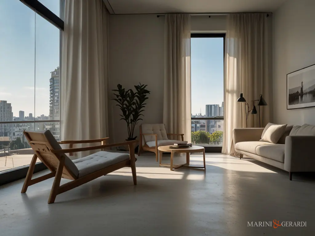 Sala salotto tende moderne lino ampie finestre vista città Sala salotto tende moderne lino ampie finestre vista città