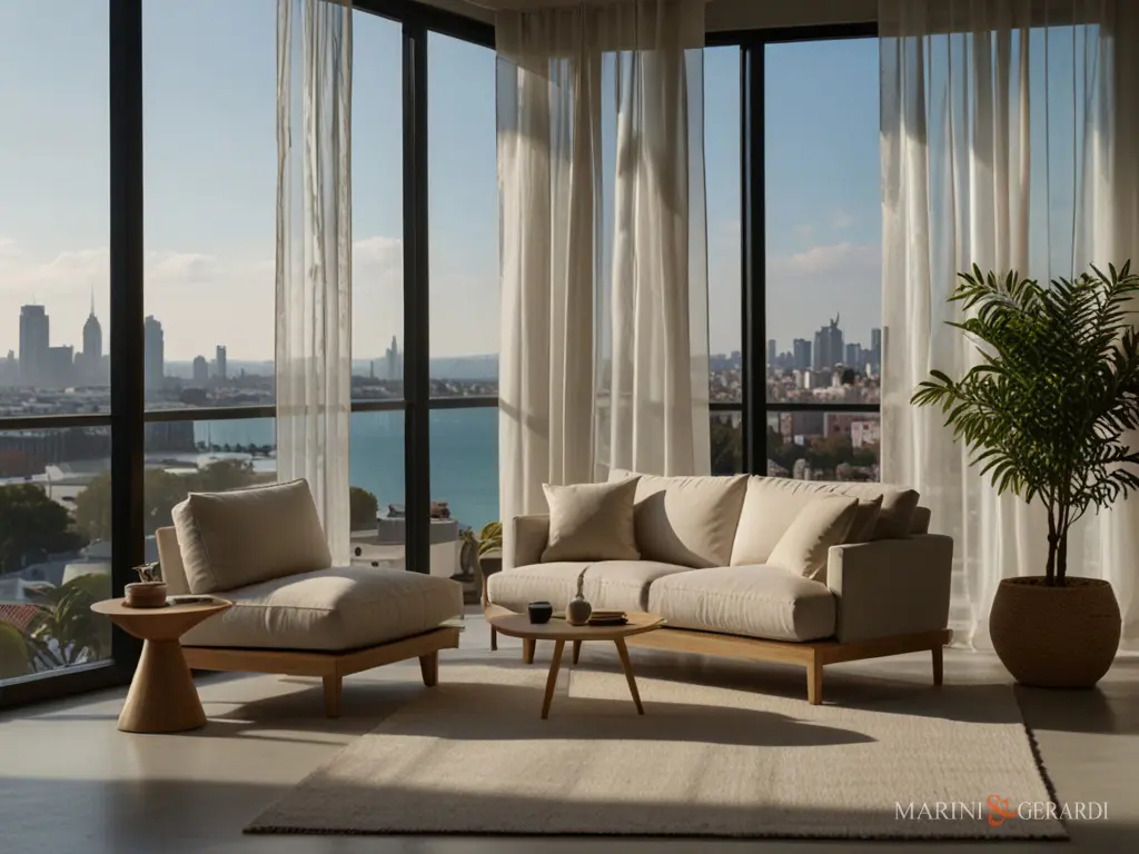 Sala salotto tende moderne lino porte finestre vista città Sala salotto tende moderne lino porte finestre vista città