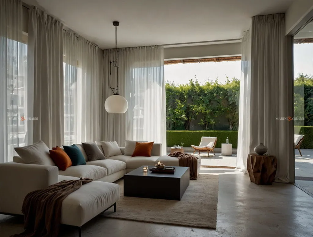 Tenda semitrasparente in lino soggiorno divano bianco Tenda semitrasparente in lino soggiorno divano bianco