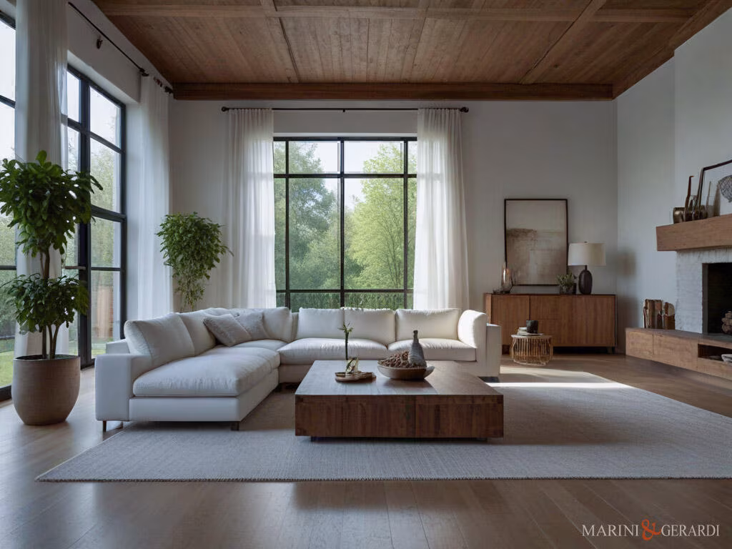 Tende arredamento moderno soggiorno divani vetrate soffitto in legno Tende arredamento moderno soggiorno divani vetrate soffitto in legno