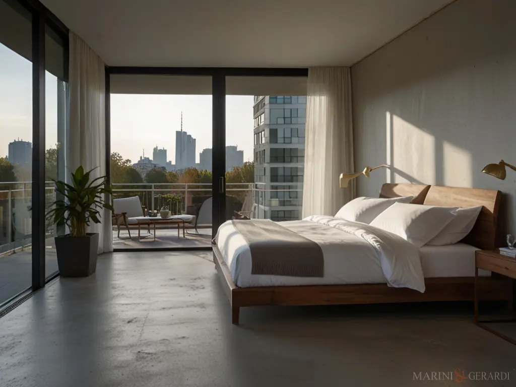 Tende camera letto moderna in lino vista città Tende camera letto moderna in lino vista cittÃ