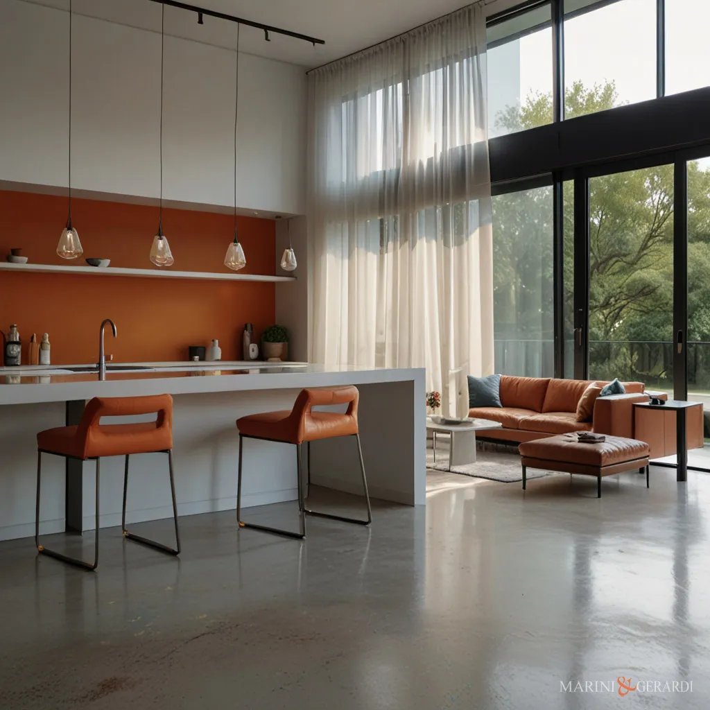 Tende porta finestra cucina moderna in lino sedie arancio Tende porta finestra cucina moderna in lino sedie arancio