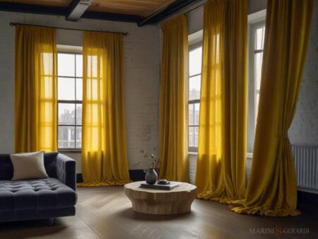 Tende velluto antimacchia giallo in un loft moderno