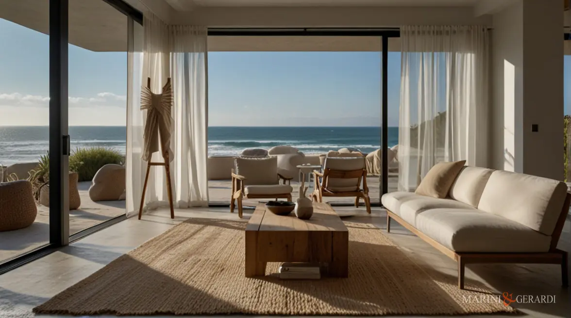 Tende per sala moderna salotto ampie finestre vista mare Tende per sala moderna salotto ampie finestre vista mare