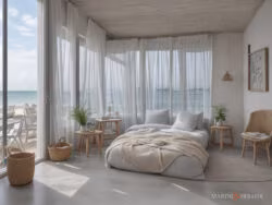 Camera da letto vista mare tende da interno moderne lino bianco