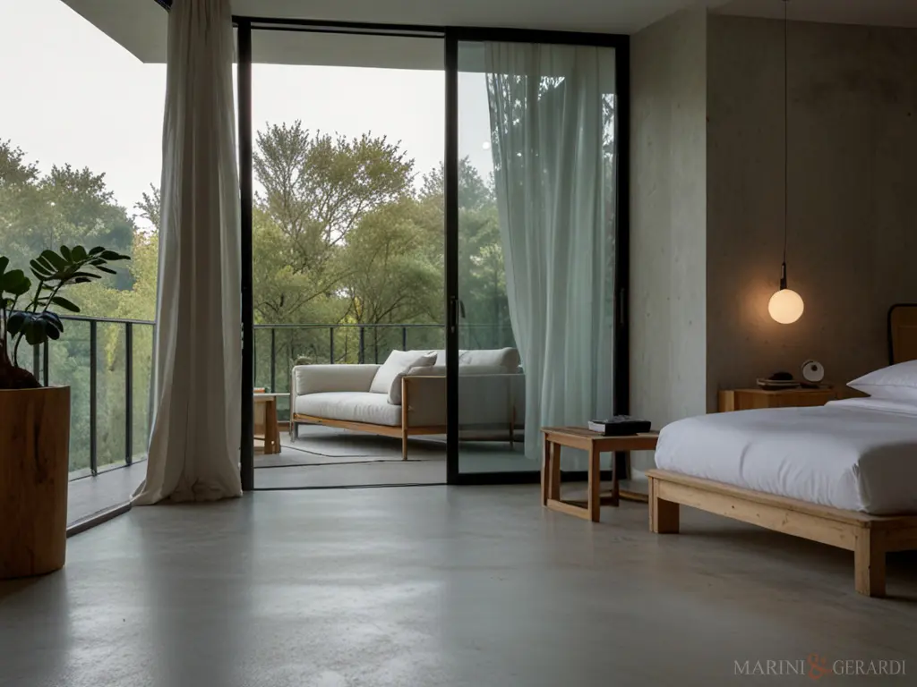 Eleganti tende moderne camera da letto pavimento in cemento Eleganti tende moderne camera da letto pavimento in cemento