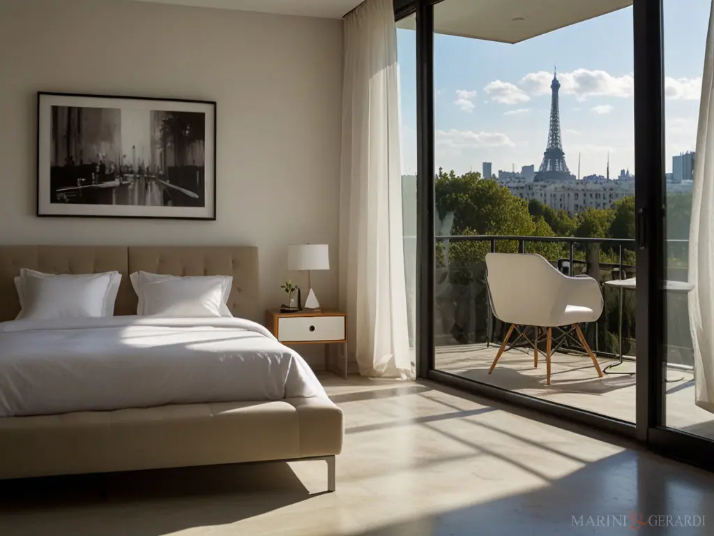 Tende camera letto moderna in lino vista torre eiffel Tende camera letto moderna in lino vista torre eiffel