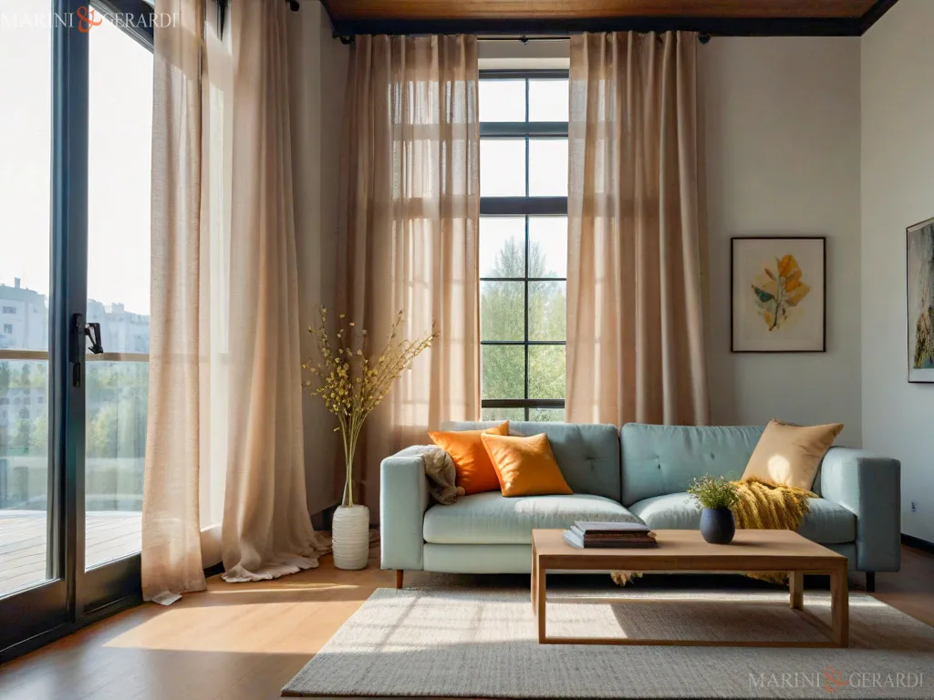 Tende di lino su misura in un soggiorno moderno loft ampie vetrate Tende su Misura Online Professionali in Lino in un soggiorno moderno loft ampie vetrate