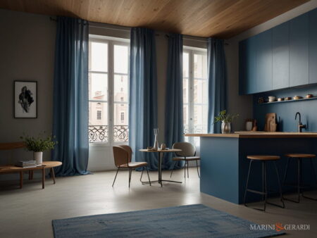 Tende porta finestra cucina moderna in lino blu