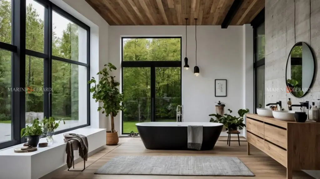 Bagno stile nordico pavimento rovere lavabo specchio tondo Bagno stile nordico pavimento rovere lavabo specchio tondo