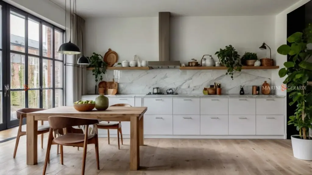 Cucina in stile nordico bianca piante verdi tavolo e pavimento in legno Cucina in stile nordico bianca piante verdi tavolo e pavimento in legno