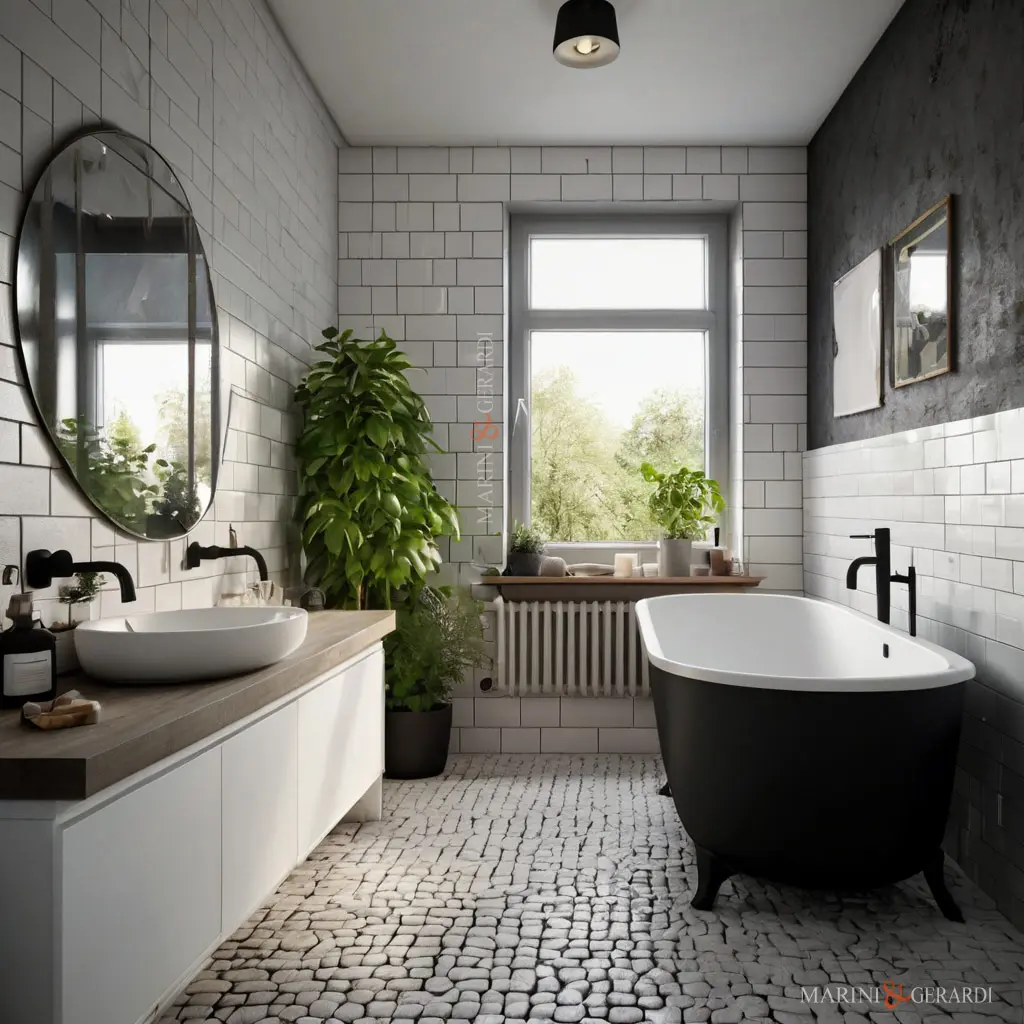 Stile nordico bagno piastrelle biancge vasca rubinetti neri Stile nordico bagno piastrelle biancge vasca rubinetti neri