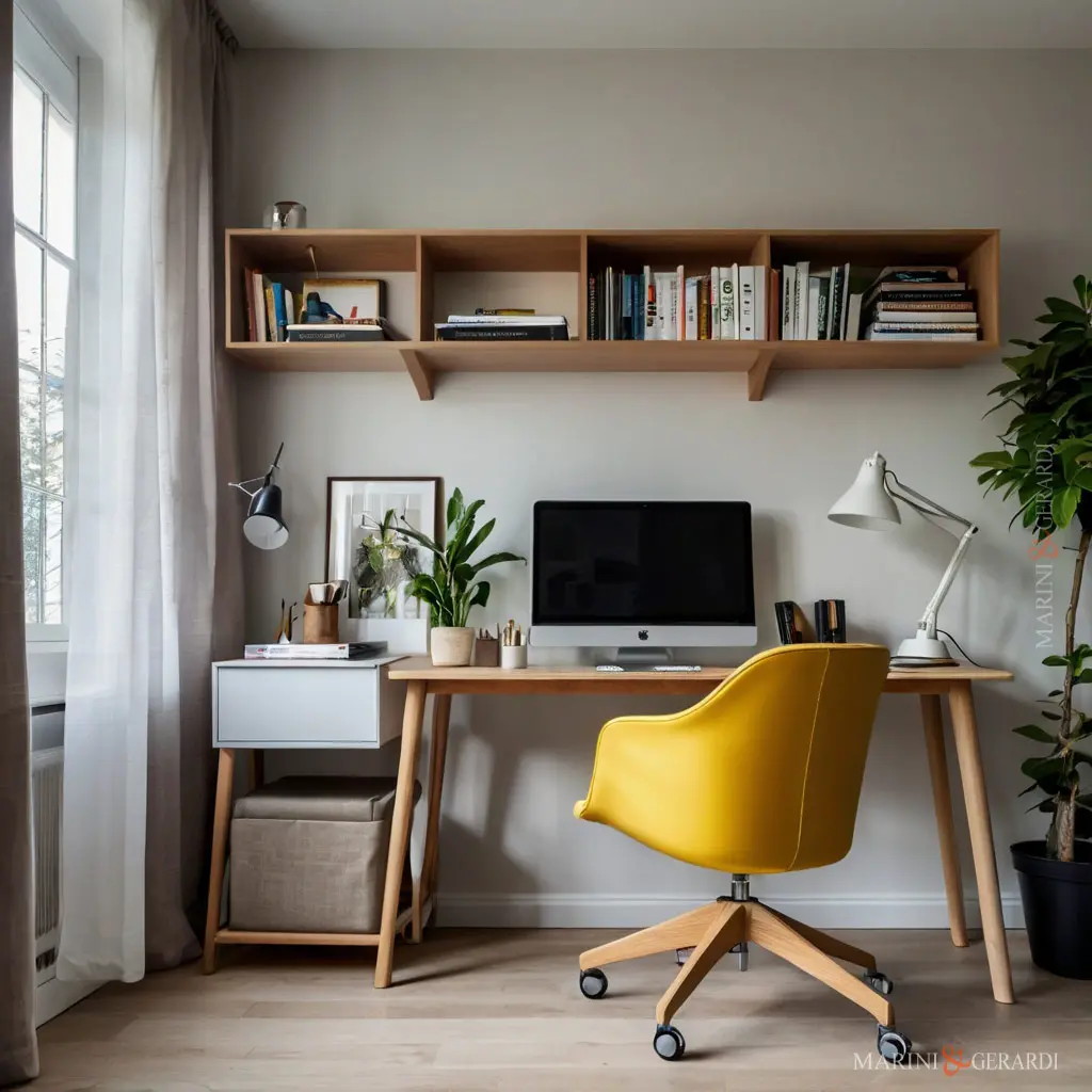 Stile nordico casa studio scrivania legno sedia gialla scaffali. Stile nordico casa studio scrivania legno sedia gialla scaffali.