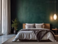 Stanza da letto arredata con copripiumino matrimoniale beige