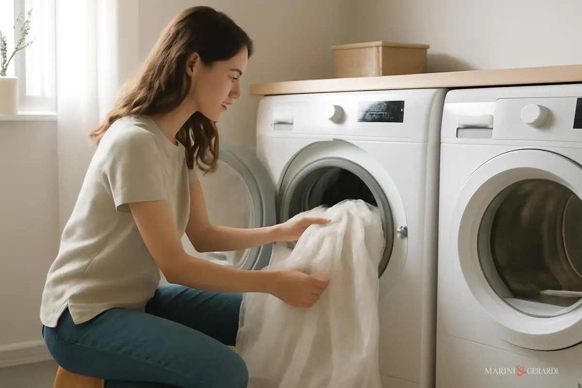 Ragazza che inserisce delle tende in lino in lavatrice Ragazza che inserisce delle tende in lino in lavatrice
