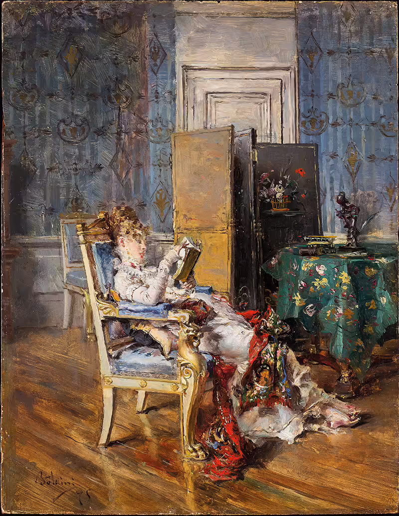 Giovanni Boldini signora che legge 1875 olio su tavola 30 x 22 cm Giovanni Boldini signora che legge 1875 olio su tavola 30 x 22 cm