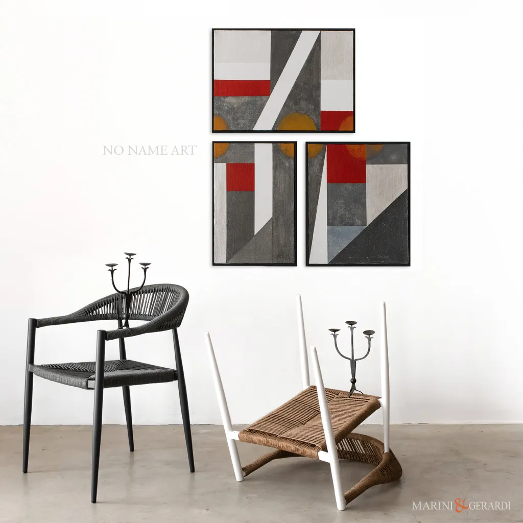 Geometrico g24 trittico quadri moderni da arredo con 2 sedie candelabri Geometrico g24 trittico quadri moderni da arredo con 2 sedie candelabri