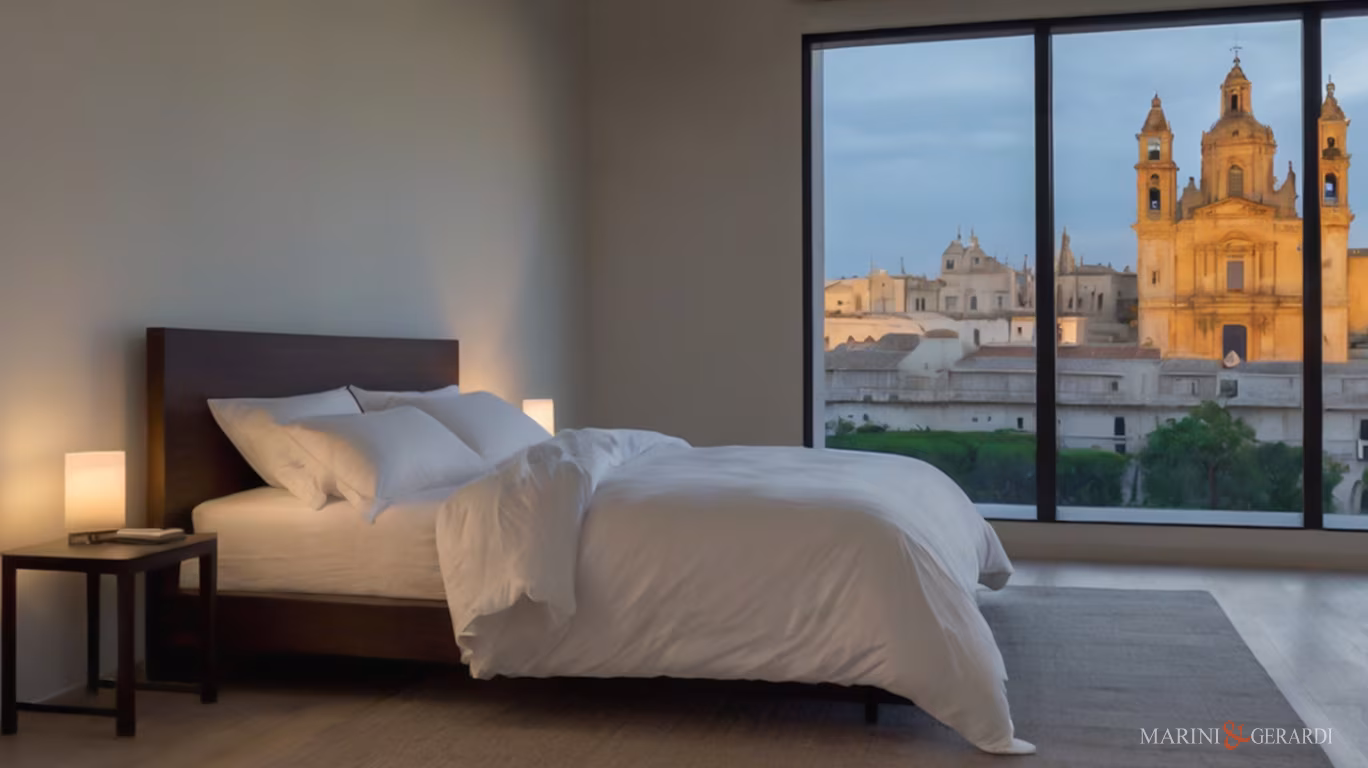 Letto in cotone percalle pima stanza arredata finestra sulla citta Letto in cotone percalle pima stanza arredata finestra sulla citta